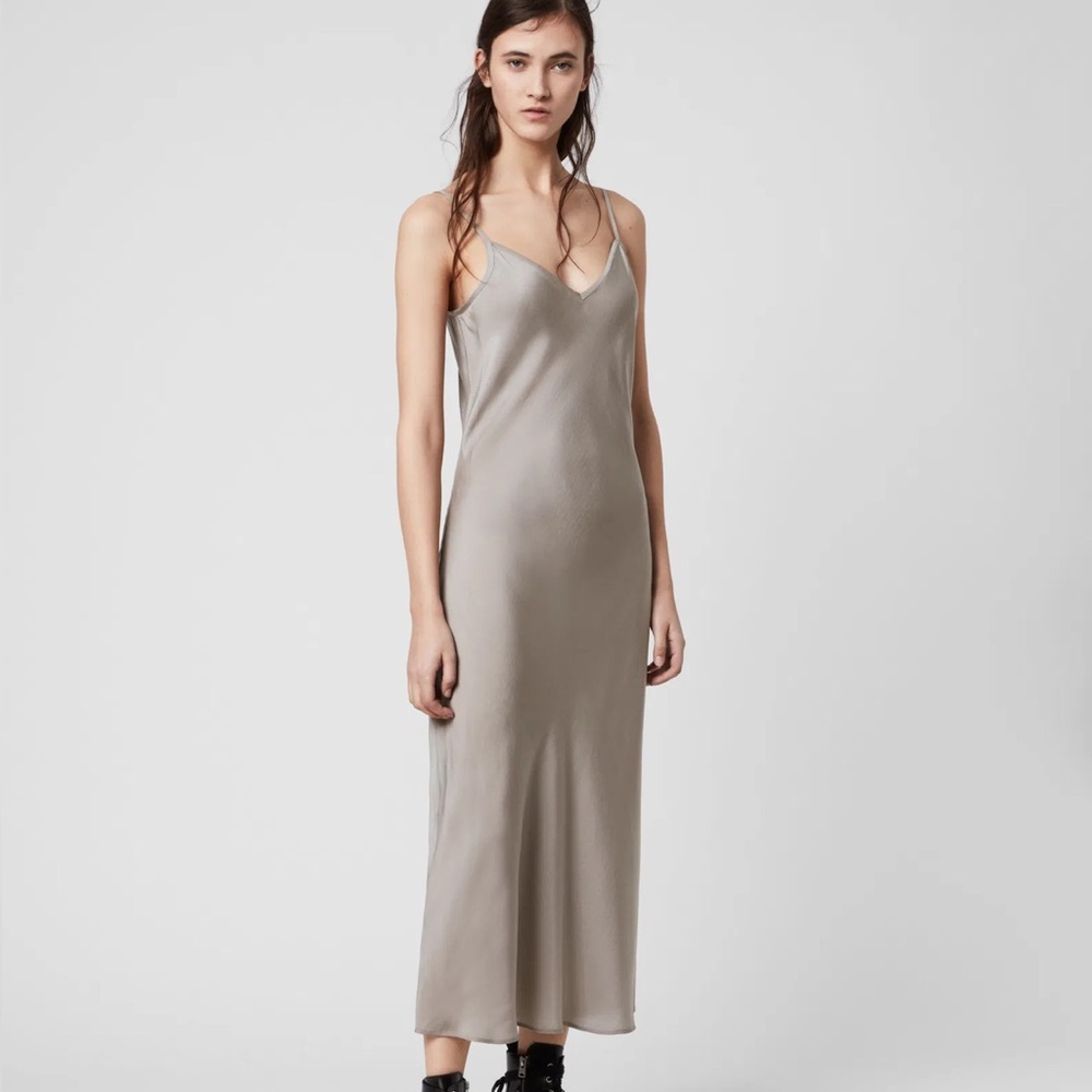 AllSaints Ultimate Grey Satin Slip Midi Dress Size S